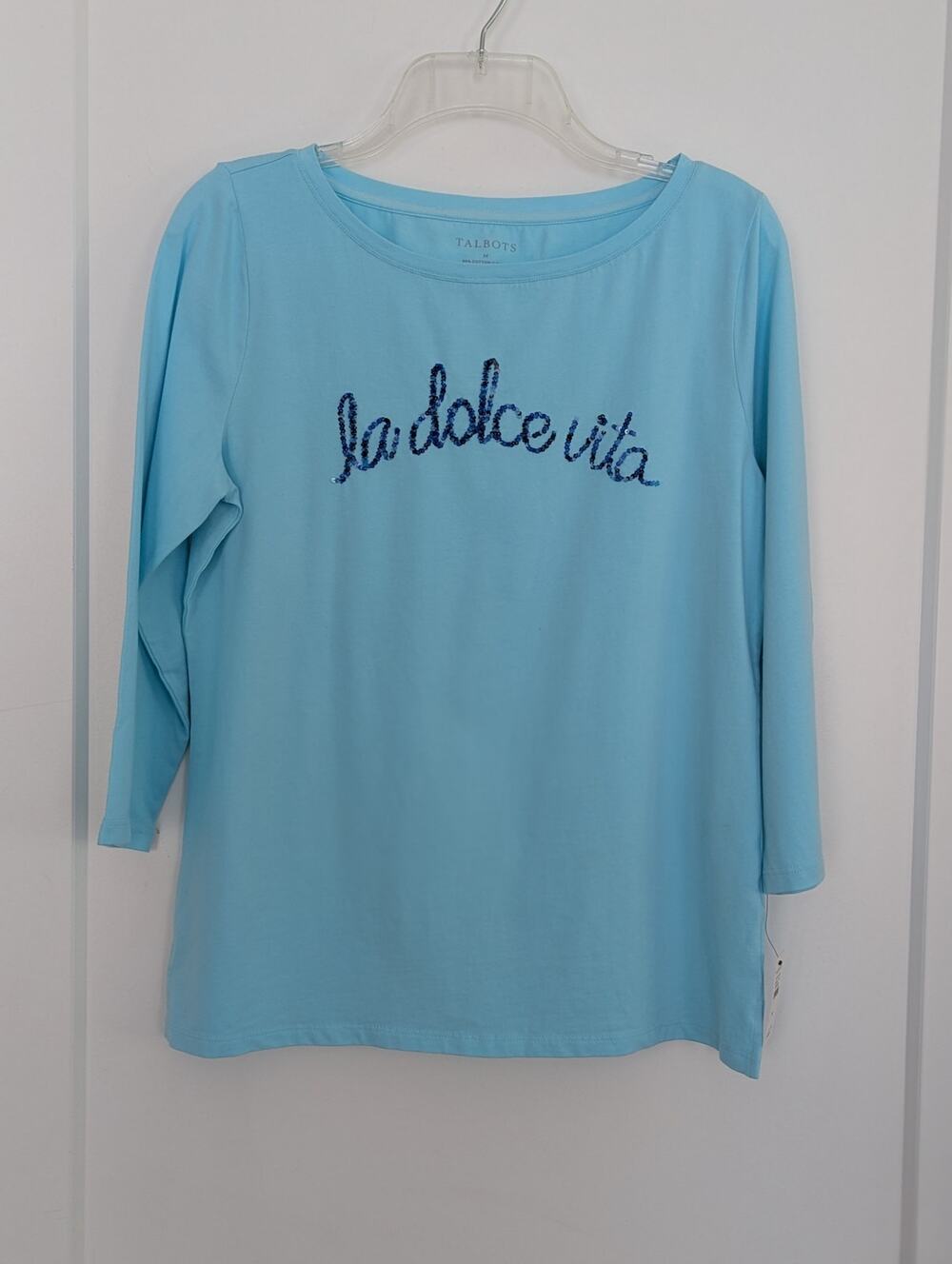 Talbots M 3/4 sleeve light blue knit top sequins casual NWT